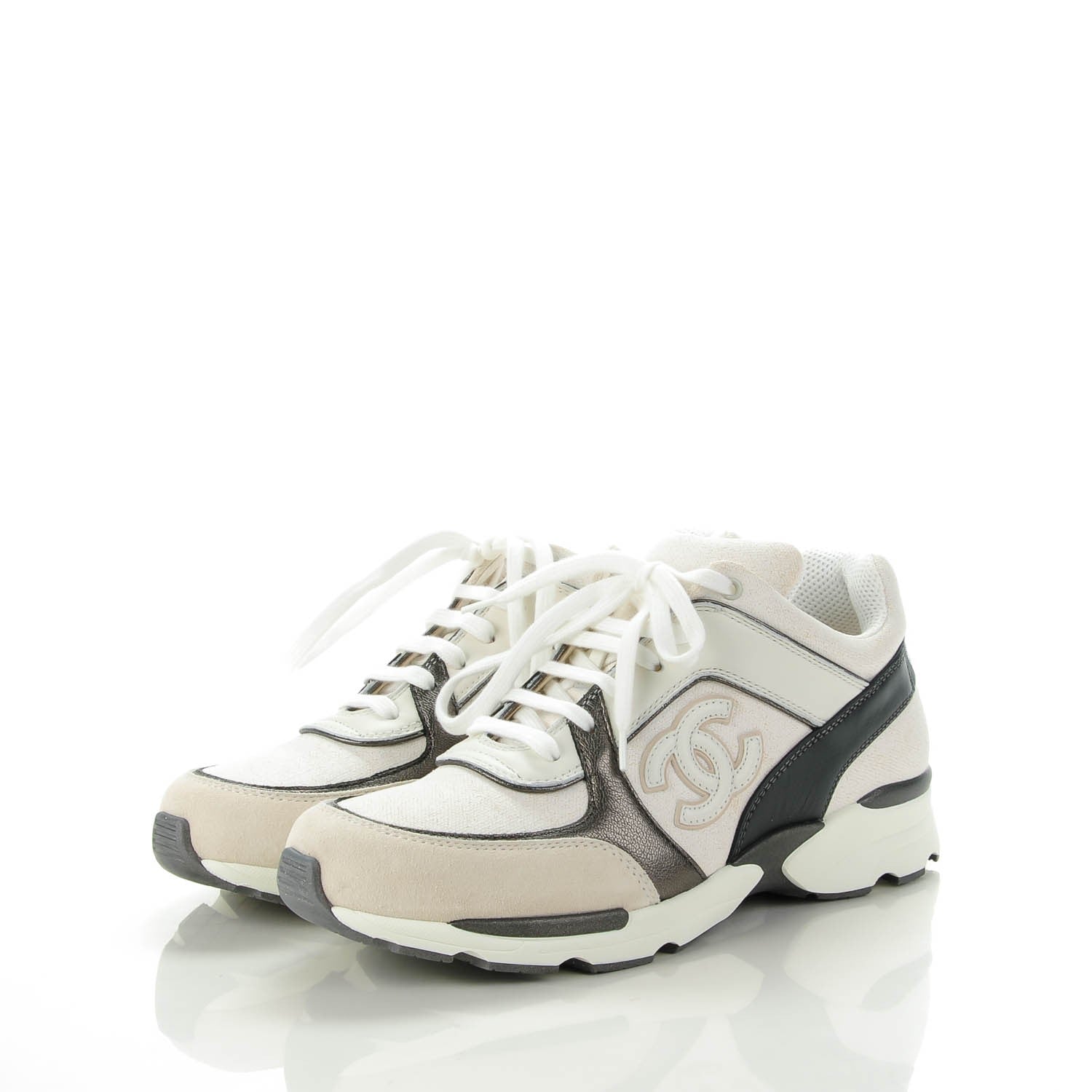 Chanel Suede Calfskin CC Sneakers 37.5 White Grey 3 of 8