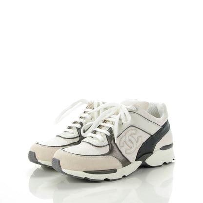 Chanel Suede Calfskin CC Sneakers 37.5 White Grey 3 of 8