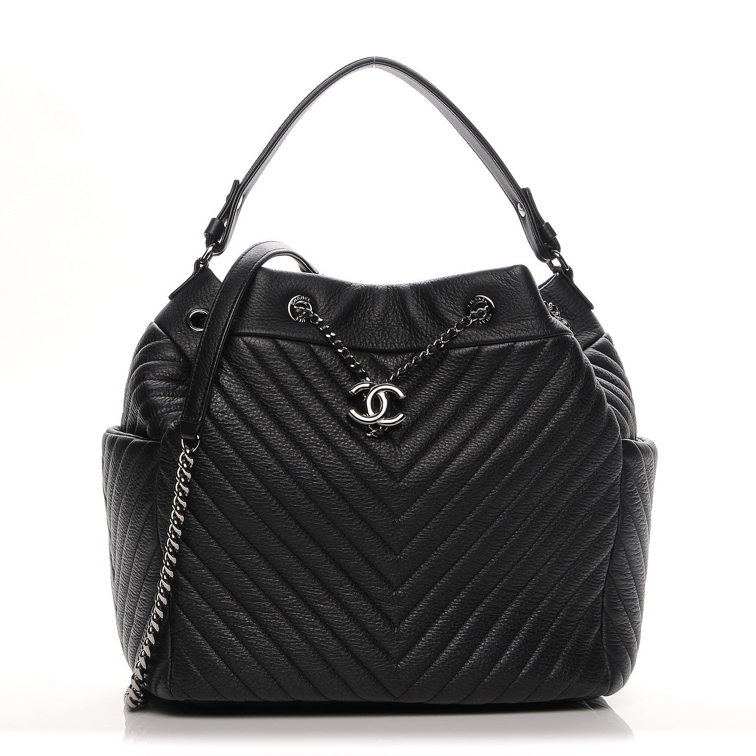 Chanel Deerskin Chevron Large CC Chain Bucket Drawstring Bag Black 1 of 7