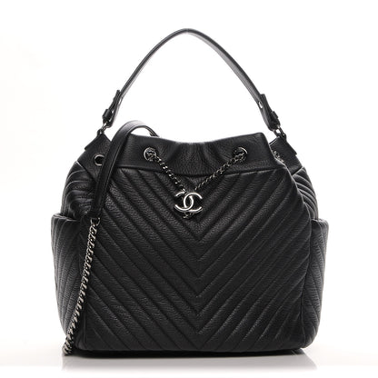 Chanel Deerskin Chevron Large CC Chain Bucket Drawstring Bag Black 1 of 7