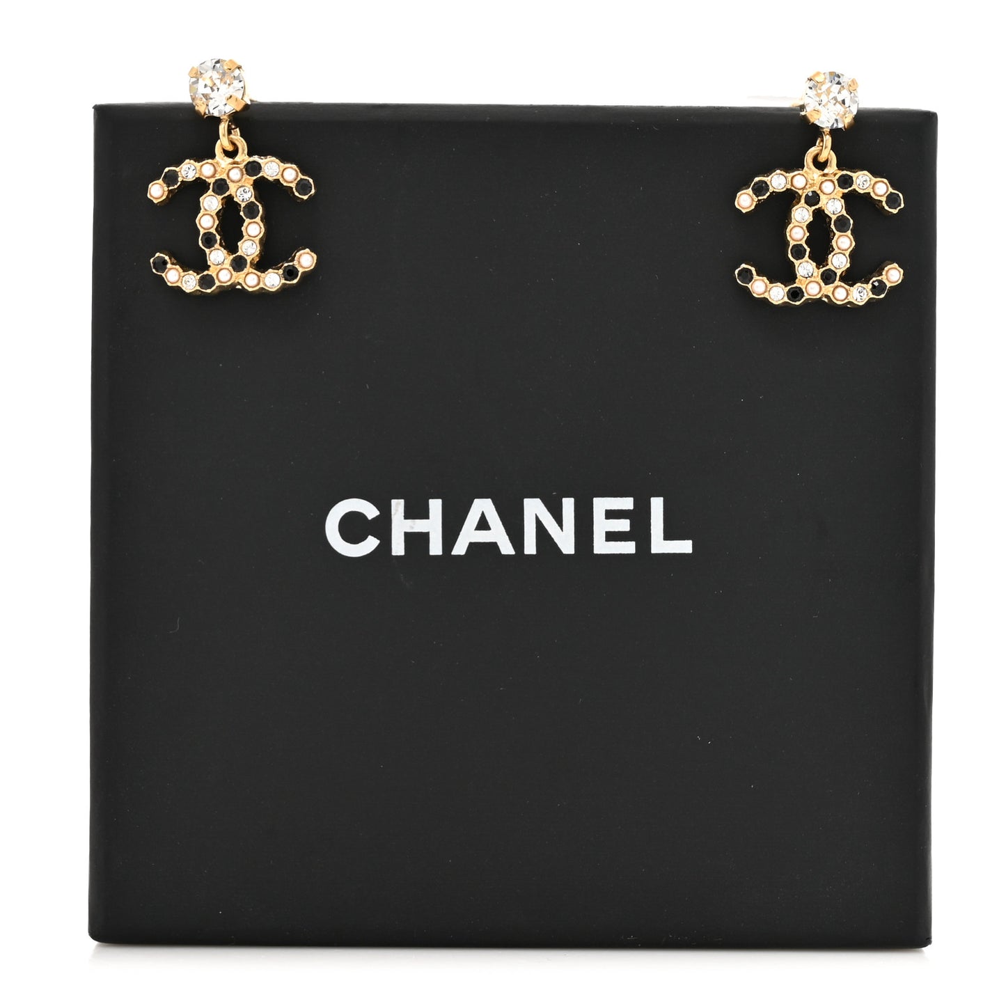 Resin Crystal Pearl CC Drop Earrings Gold Black