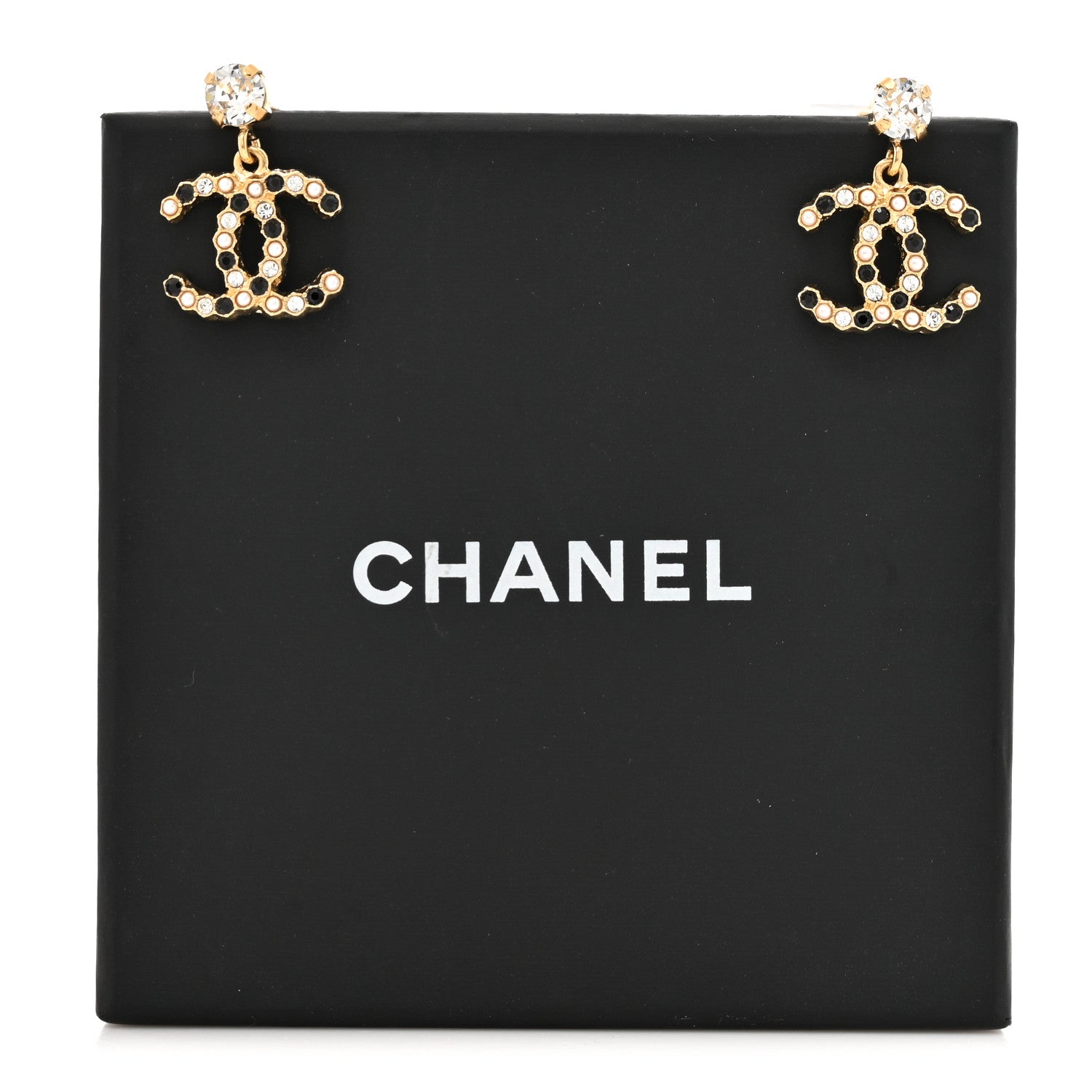 Chanel Resin Crystal Pearl CC Drop Earrings Gold Black 5 of 5