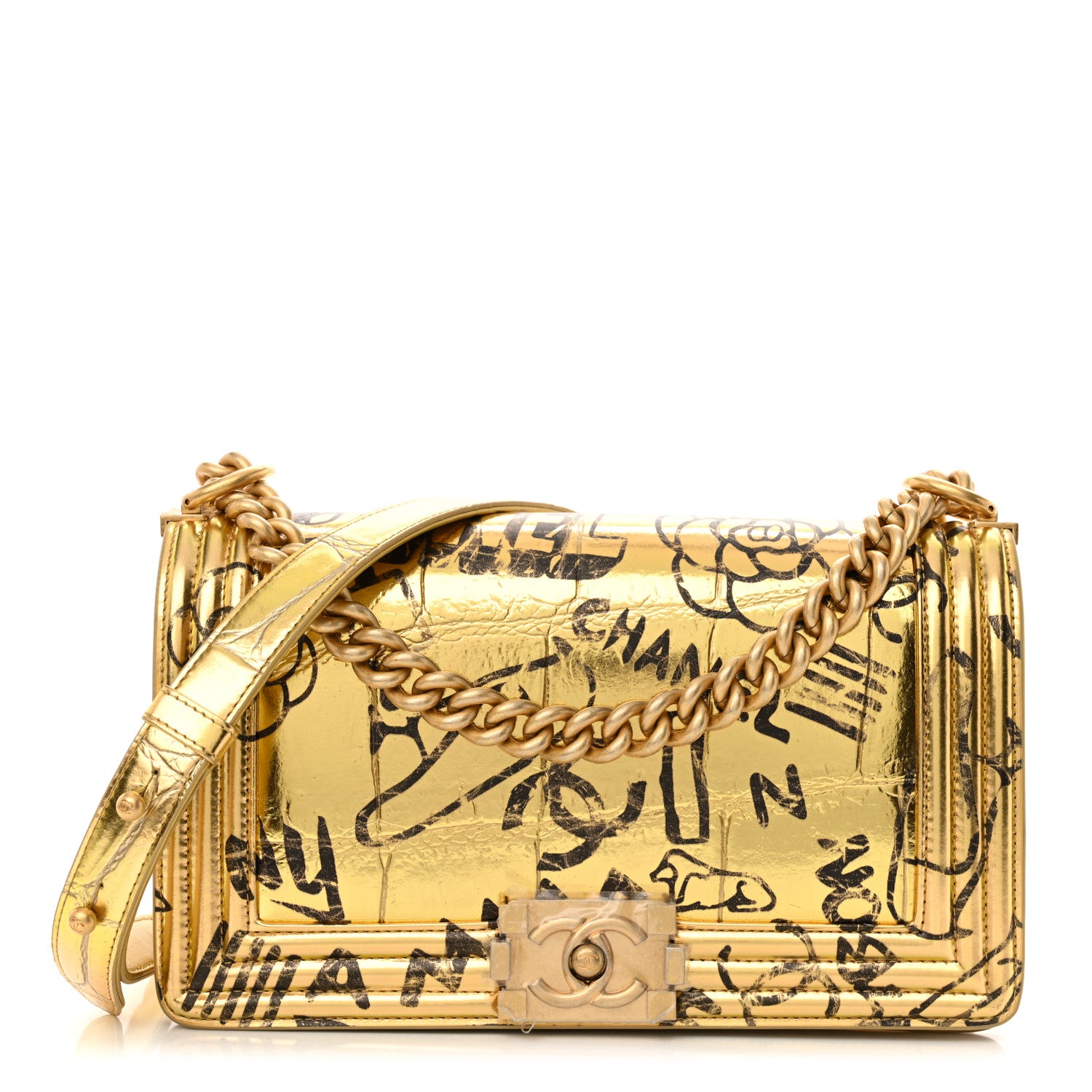 Chanel Metallic Calfskin Crocodile Embossed Graffiti Medium Cocodile Boy Flap Gold 1 of 11