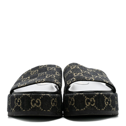 Gucci Jacquard Black Denim GG Monogram Angelina Platform 55mm Slide Sandals 41 Black Ivory 3 of 9