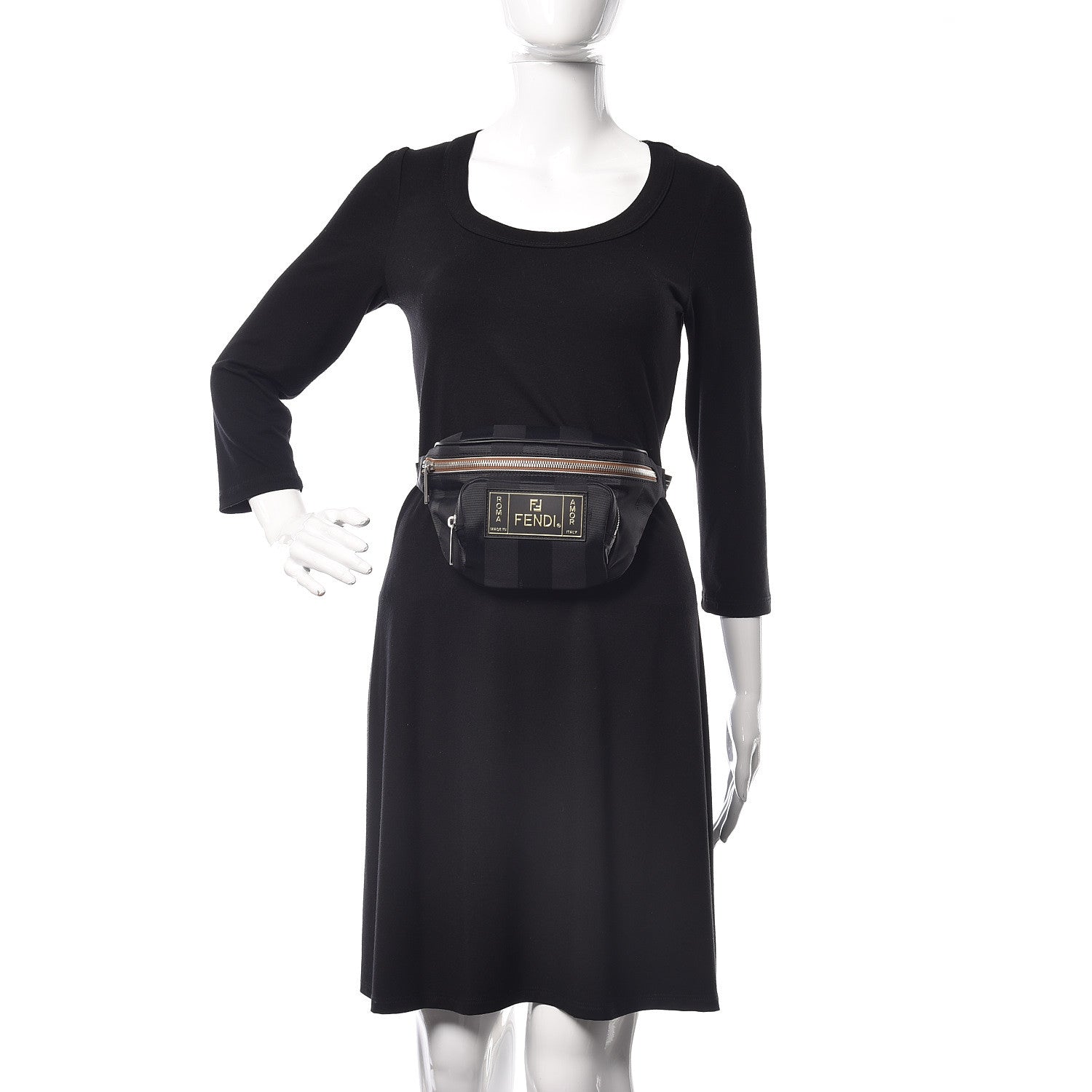 Fendi Nylon Vitello Century Pequin Logo Plate Pocket Belt Bag Black 2 of 7