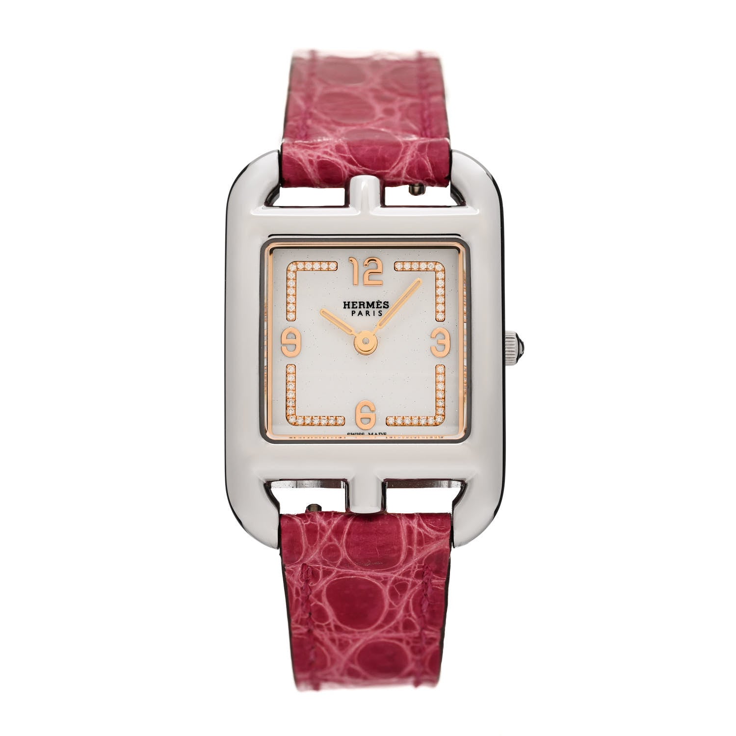 Hermes Stainless Steel Alligator Diamond 23mm Cape Cod Quartz Watch Framboise 1 of 5