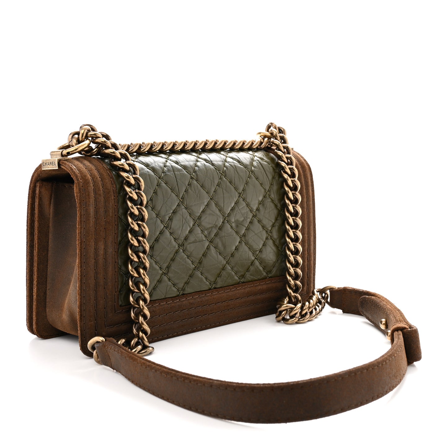 Suede Calfskin Quilted Medium Boy Flap Green Brown