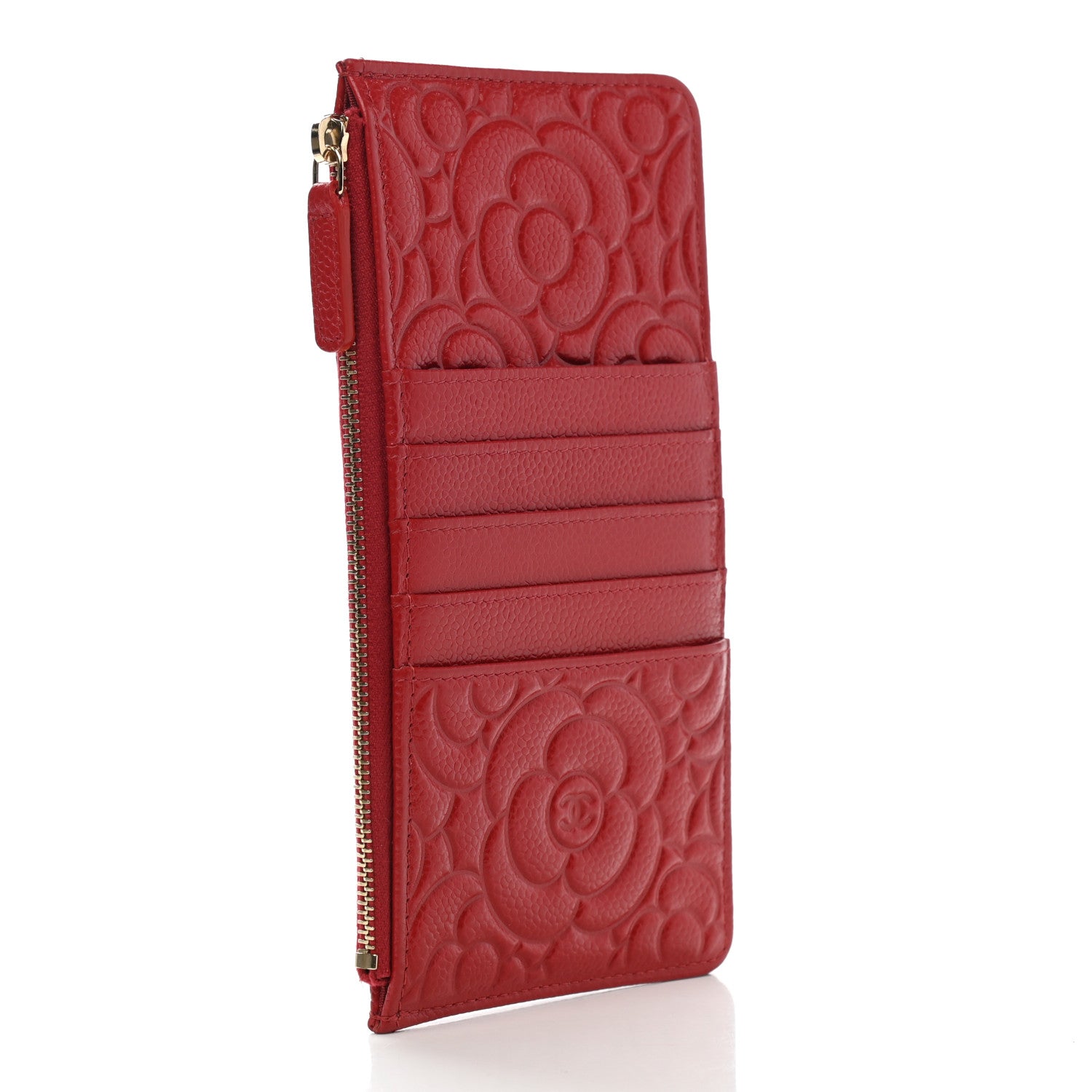 Chanel Caviar Camellia Embossed Classic Flat Wallet Pouch Red 3 of 8