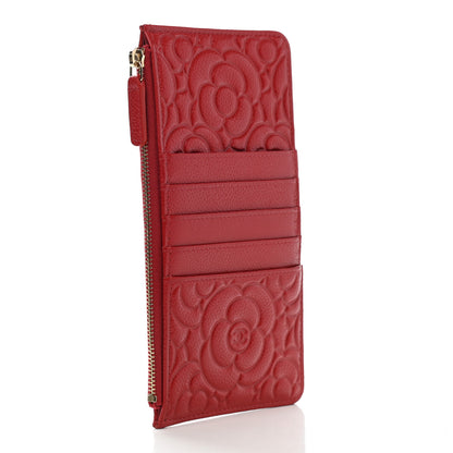Chanel Caviar Camellia Embossed Classic Flat Wallet Pouch Red 3 of 8