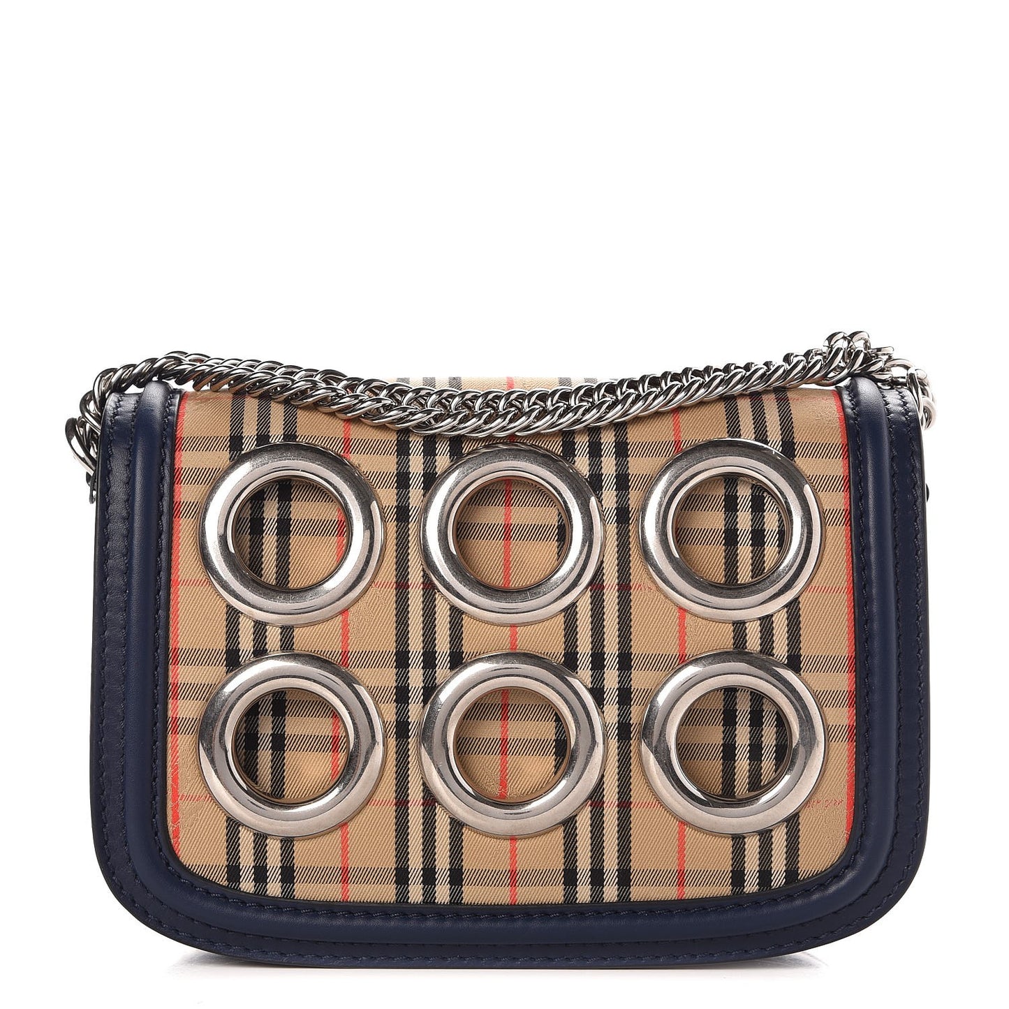 Smooth Calfskin 1983 Knight Check Grommet Chain Shoulder Bag Ink Blue