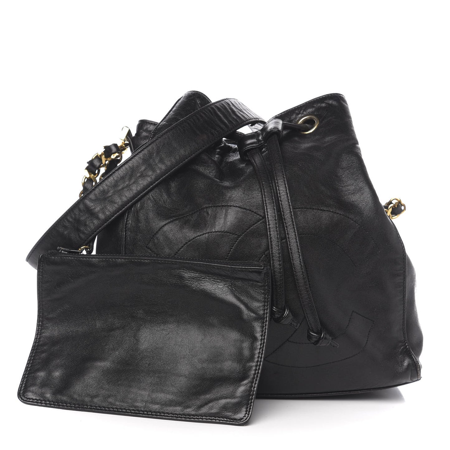 Lambskin CC Stitched Drawstring Bucket Bag Black