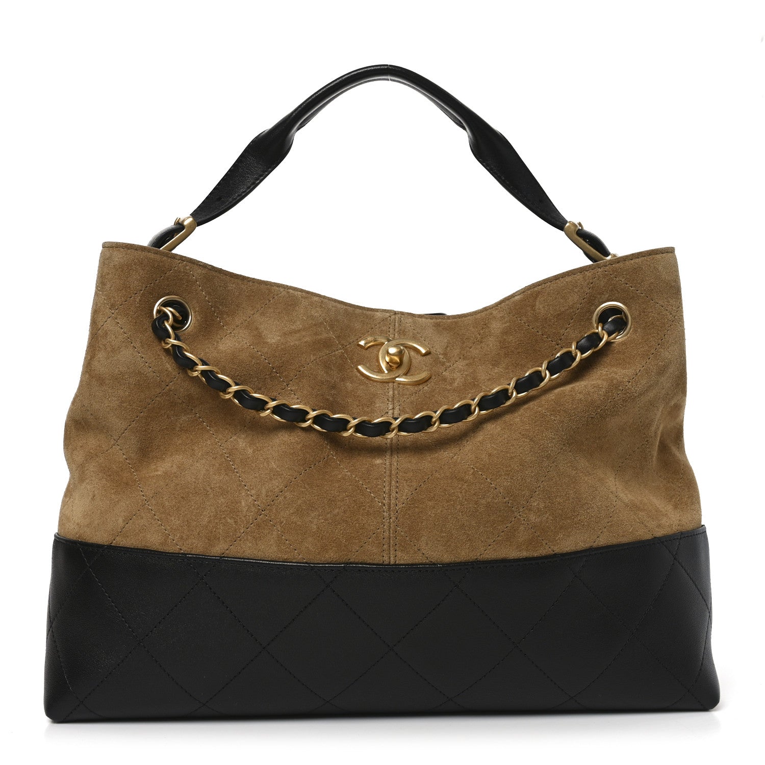 Chanel Suede Calfskin Shiny Lambskin Quilted Small Coco Base Shopping Bag Beige Black 1 of 11