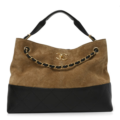 Chanel Suede Calfskin Shiny Lambskin Quilted Small Coco Base Shopping Bag Beige Black 1 of 11