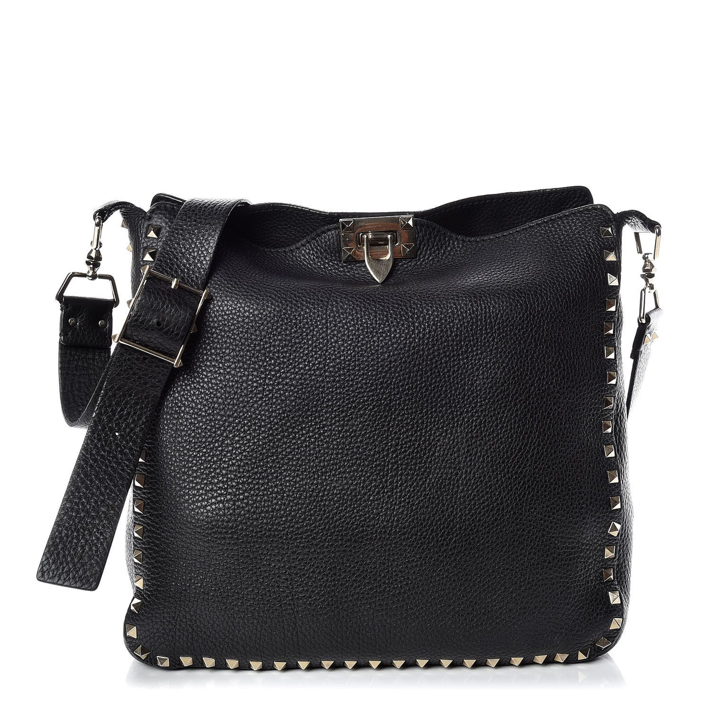 Pebbled Calfskin Large Rockstud Flip-Lock Messenger Bag Black