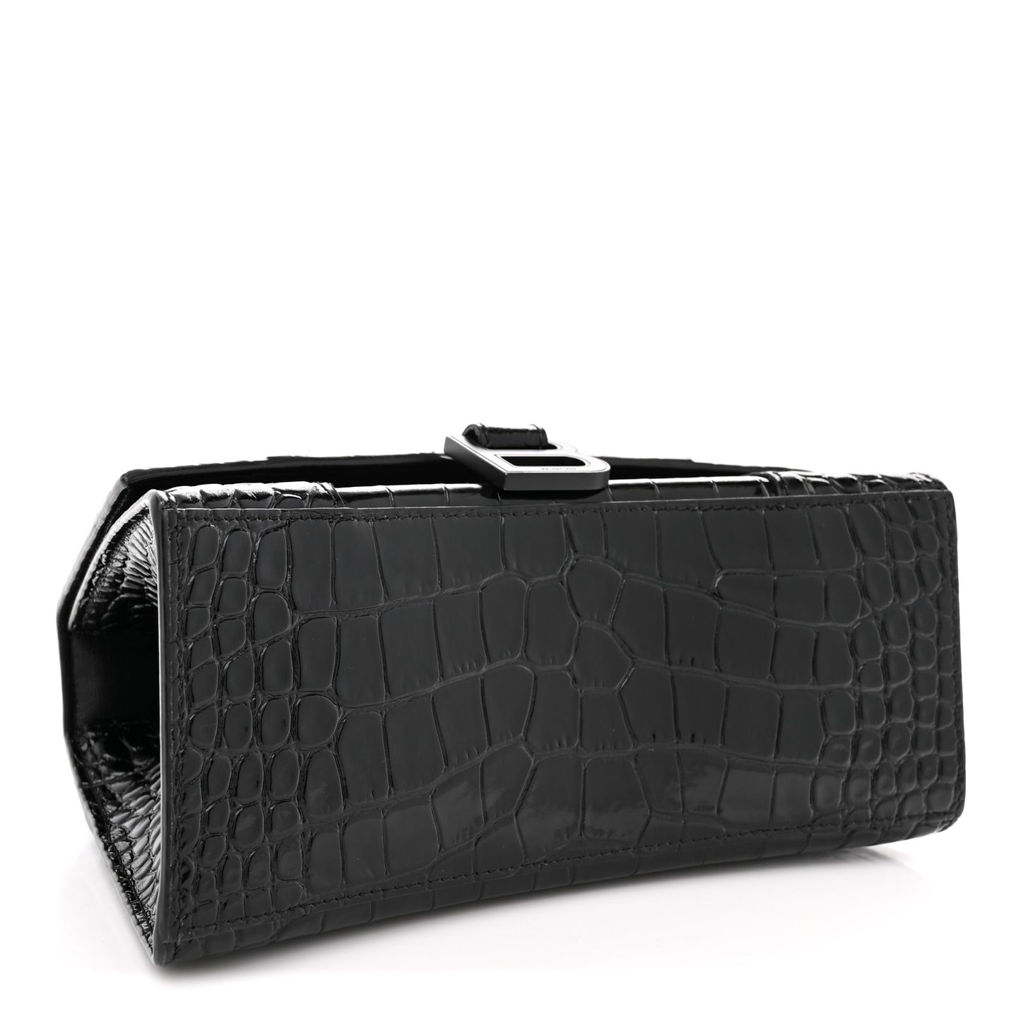 Shiny Calfskin Monochrome Crocodile Embossed Small Hourglass Top Handle Bag Black