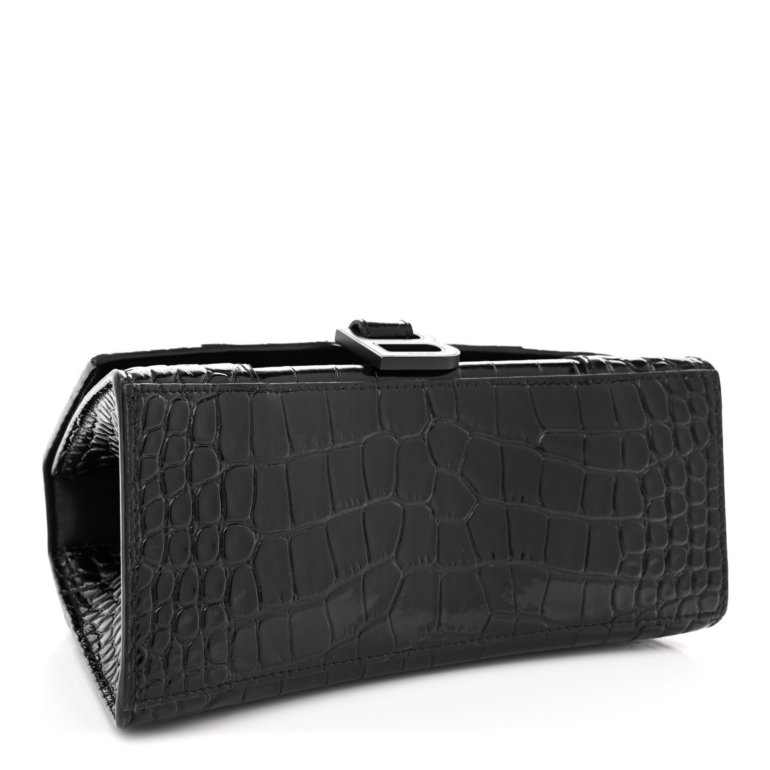 Balenciaga Shiny Calfskin Monochrome Crocodile Embossed Small Hourglass Top Handle Bag Black 4 of 11