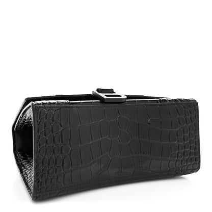 Balenciaga Shiny Calfskin Monochrome Crocodile Embossed Small Hourglass Top Handle Bag Black 4 of 11