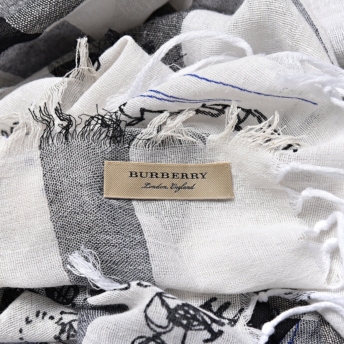 Silk Cotton Mega Check Doodle Text Scarf Ink Blue