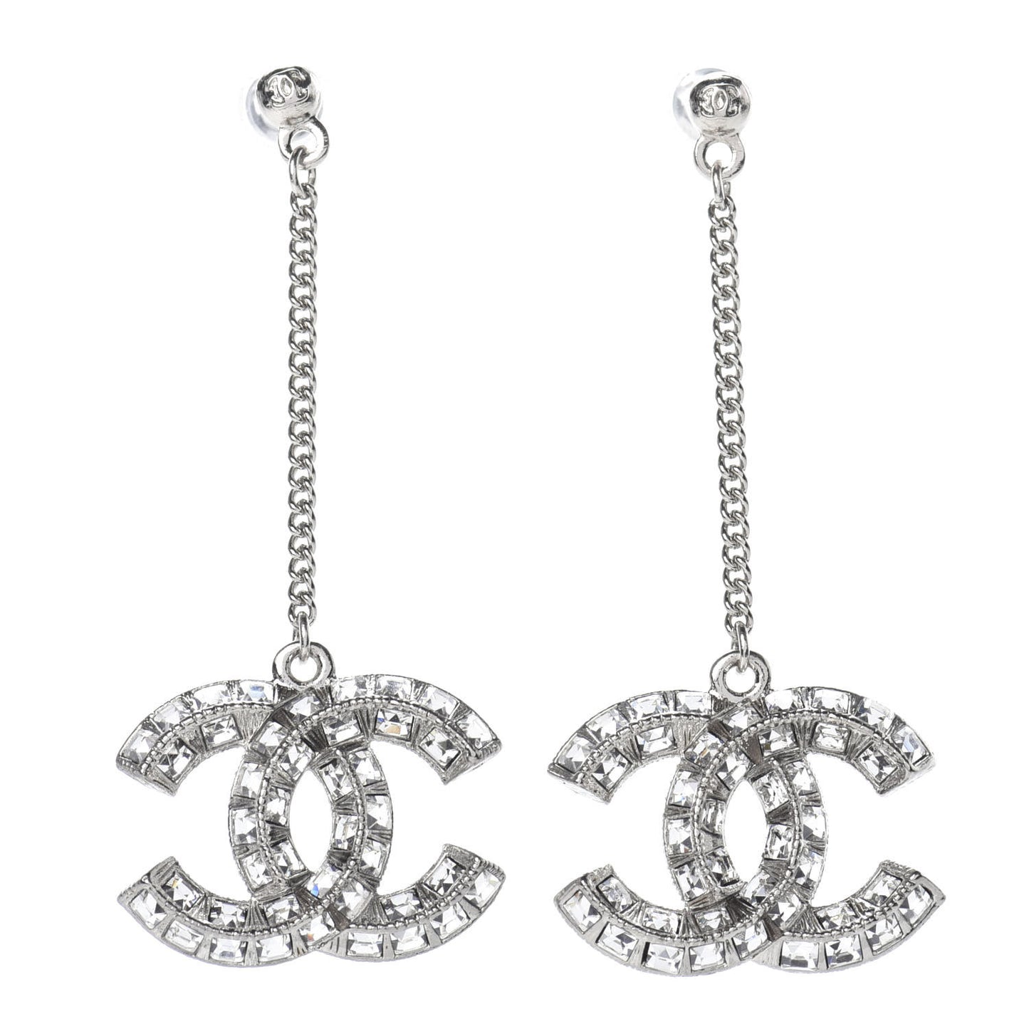 Baguette Crystal CC Drop Earrings Silver