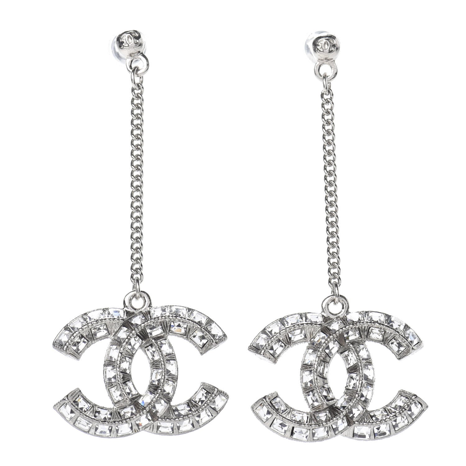 Chanel Baguette Crystal CC Drop Earrings Silver 1 of 4