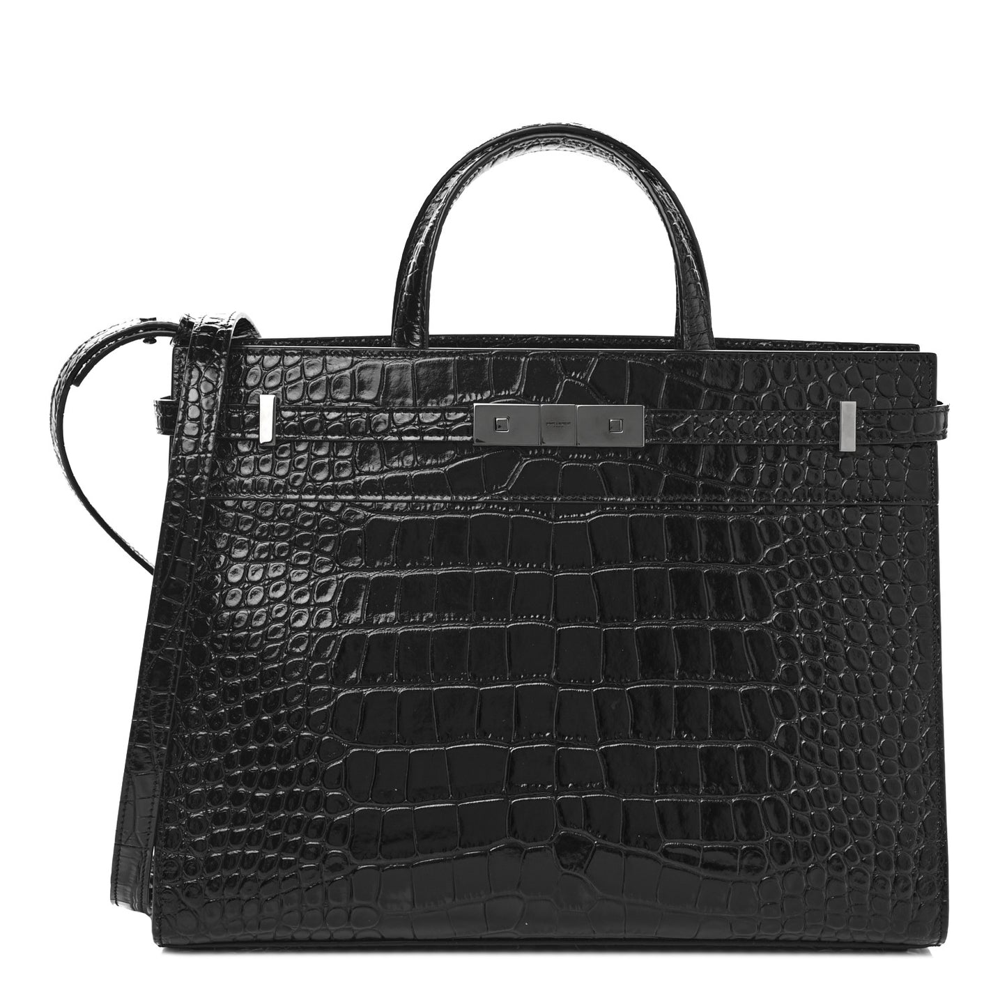 Shiny Calfskin Crocodile Embossed Small Manhattan Shopper Tote Black