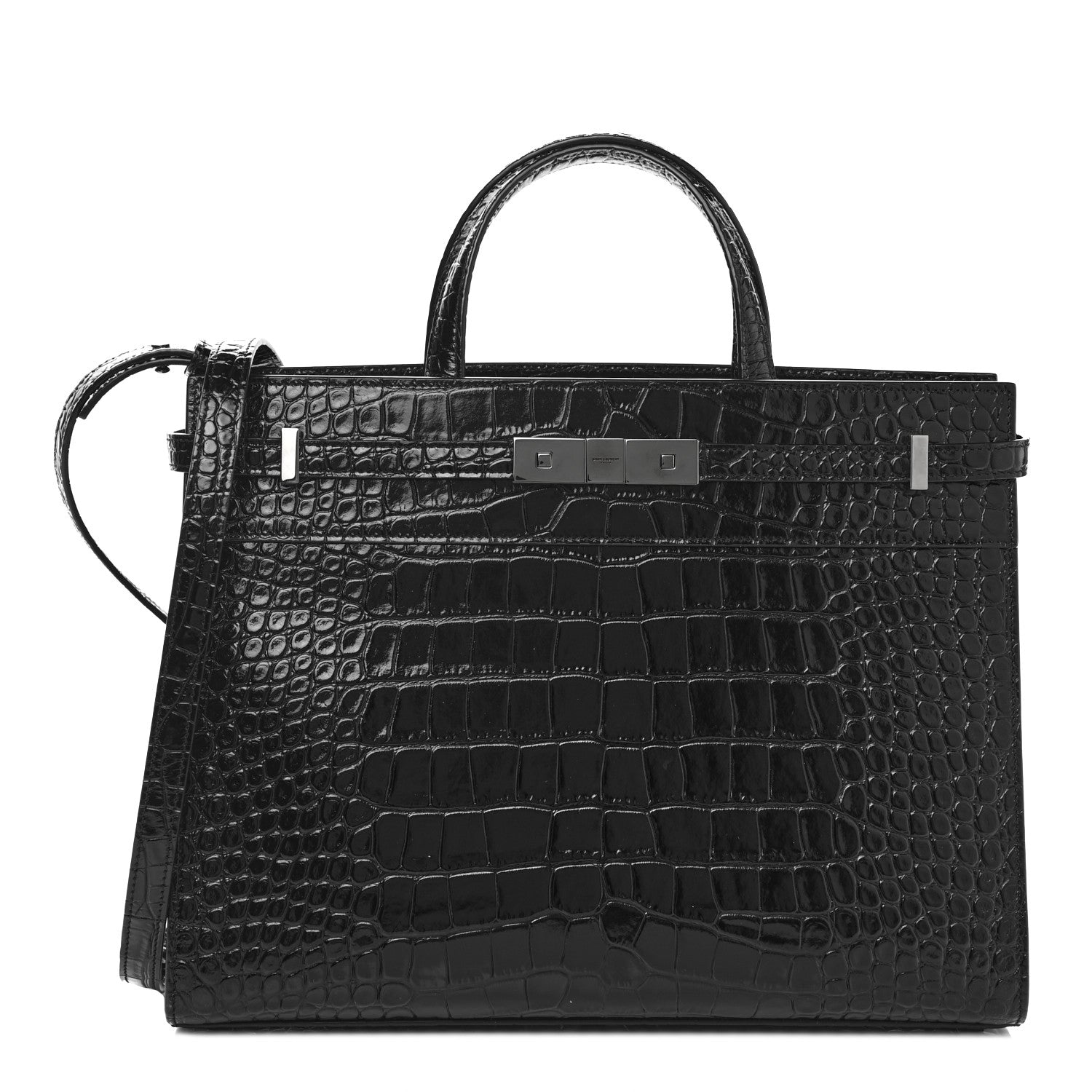 Saint Laurent Shiny Calfskin Crocodile Embossed Small Manhattan Shopper Tote Black 1 of 10