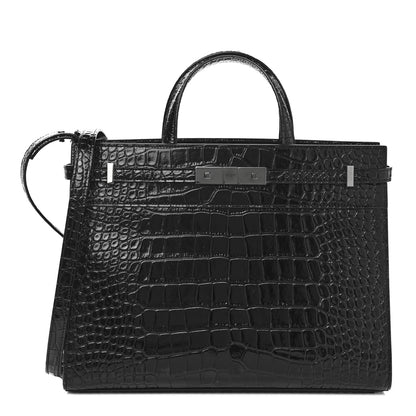 Saint Laurent Shiny Calfskin Crocodile Embossed Small Manhattan Shopper Tote Black 1 of 10