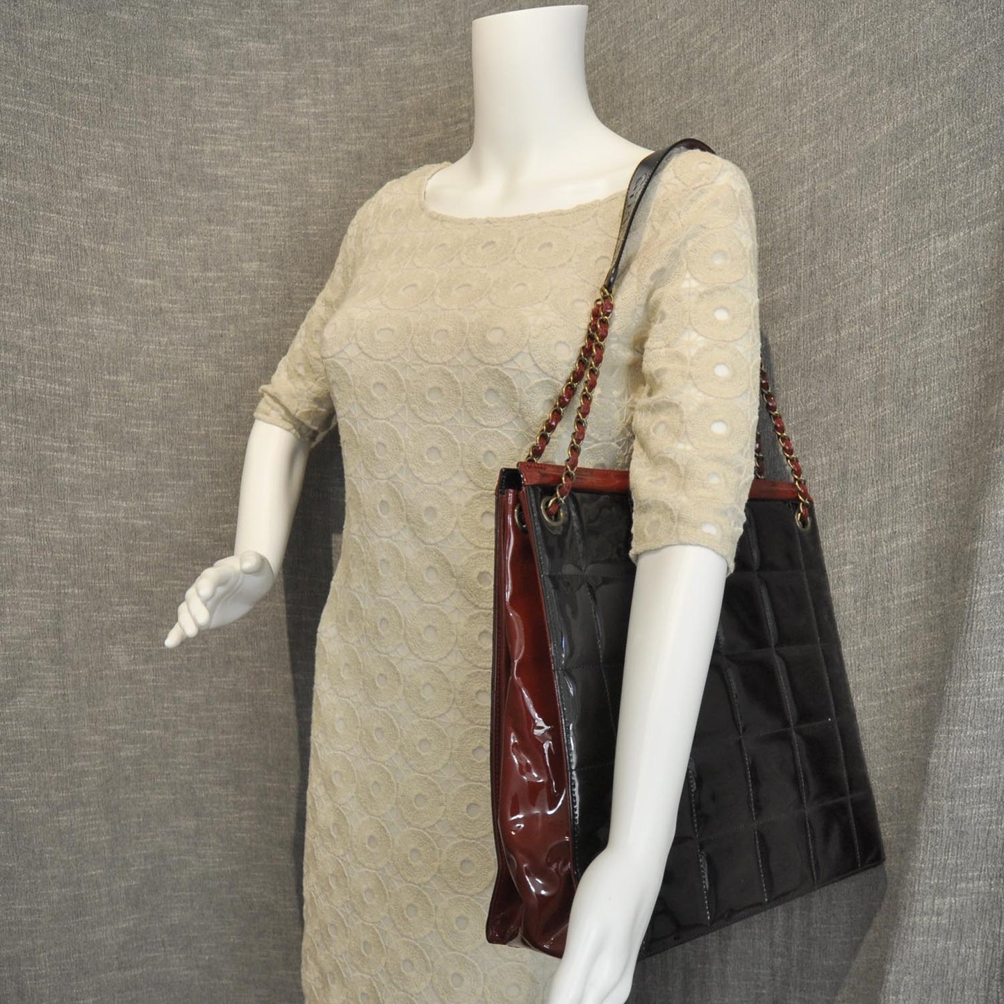 Patent Chocolate Bar Quilted Shoulder Bag Black and Red