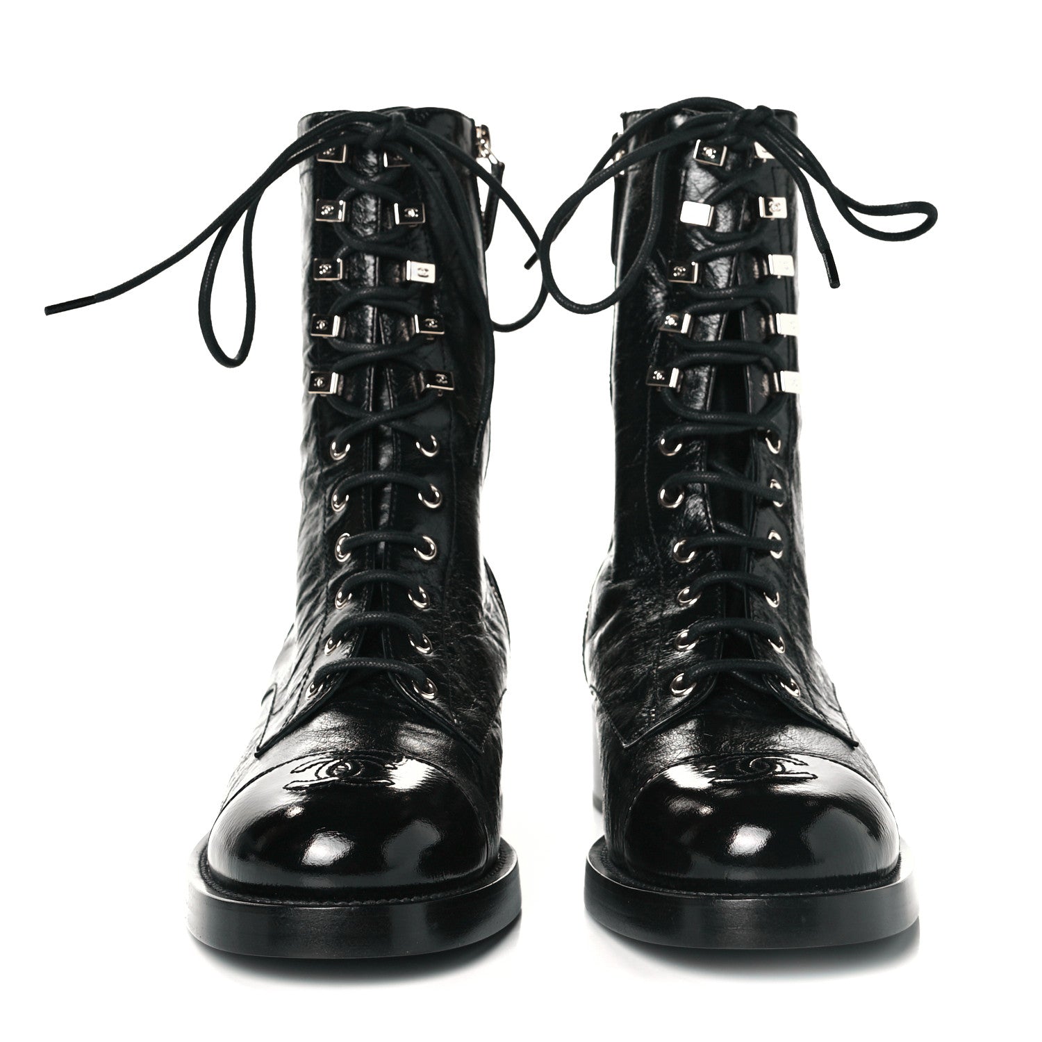 Chanel Crumpled Lambskin Shiny Calfskin Lace Up Combat Boots 38.5 Black 2 of 8