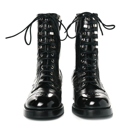 Chanel Crumpled Lambskin Shiny Calfskin Lace Up Combat Boots 38.5 Black 2 of 8