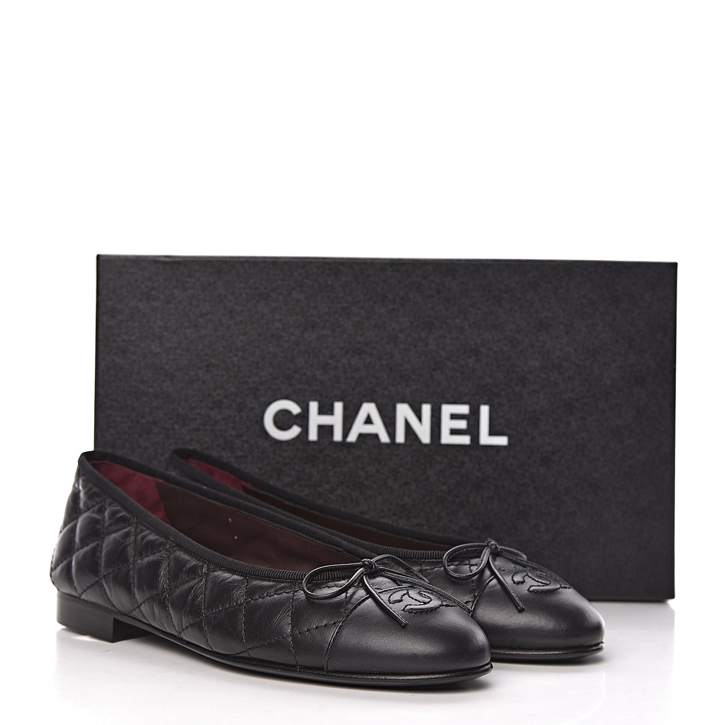 Aged Calfskin Quilted Cap Toe Ballerina Flats 35.5 Black