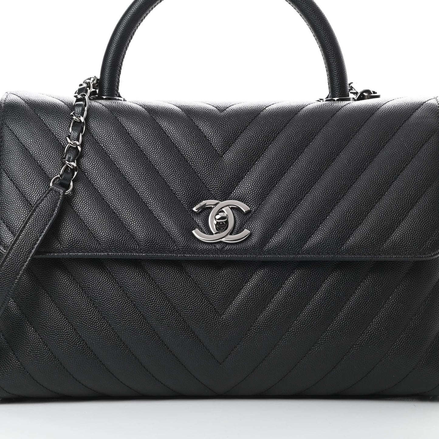 Caviar Chevron Quilted Medium Coco Handle Flap Black