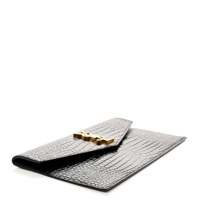 Saint Laurent Calfskin Crocodile Embossed Uptown Monogram Clutch Black 4 of 6