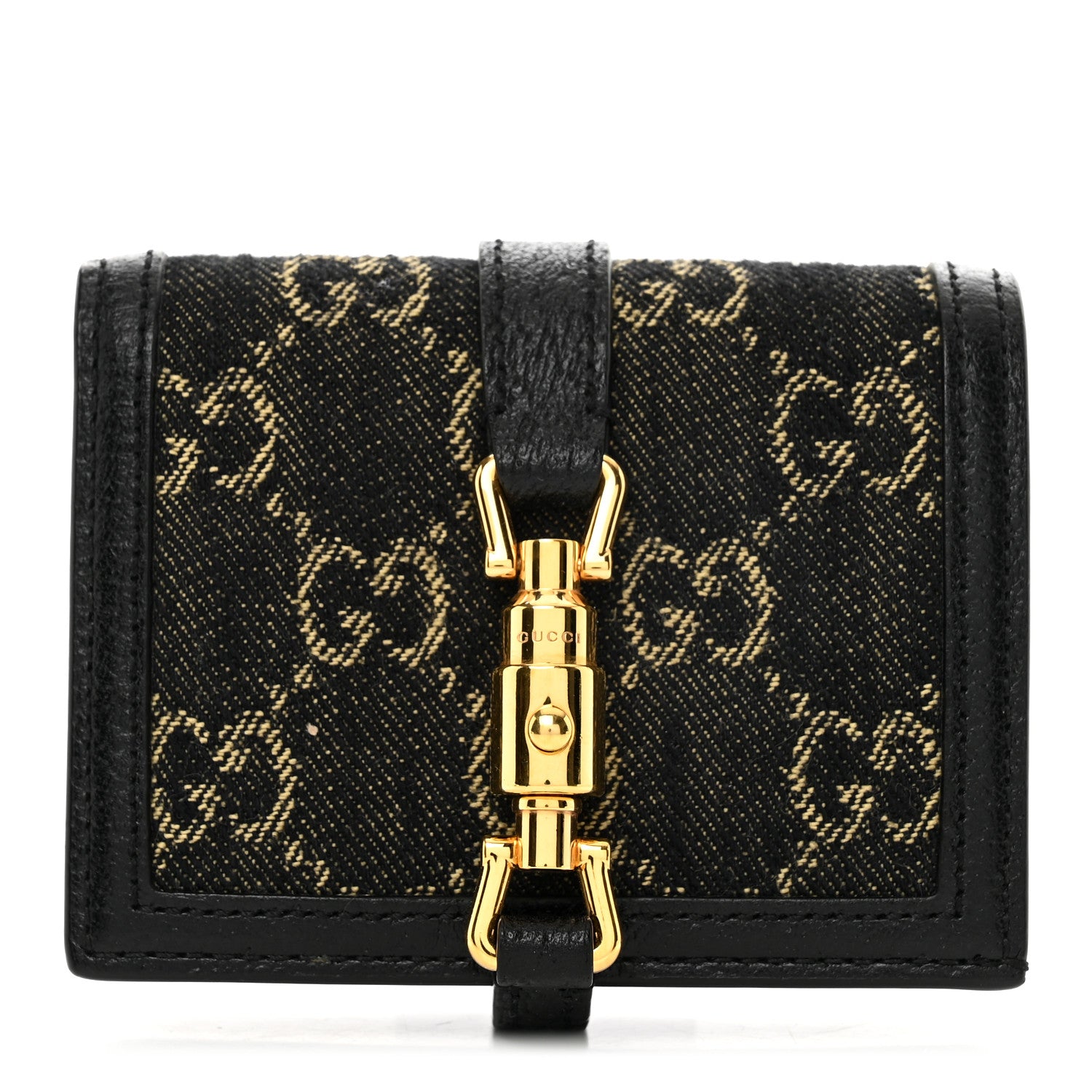 Gucci Jacquard Black Denim GG Monogram Textured Dollar Calfskin Jackie 1961 Card Case Black Ivory 1 of 6