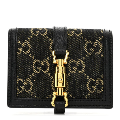 Gucci Jacquard Black Denim GG Monogram Textured Dollar Calfskin Jackie 1961 Card Case Black Ivory 1 of 6