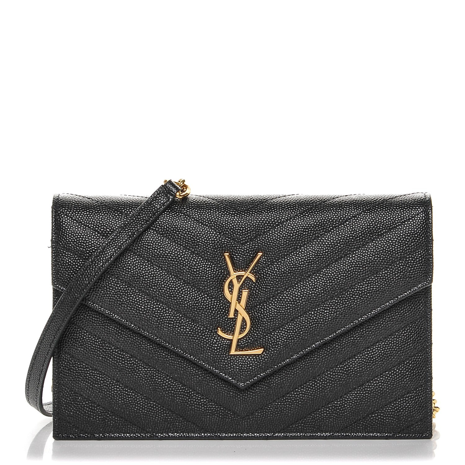 Saint Laurent Grain De Poudre Matelasse Chevron Monogram Envelope Chain Wallet Black 1 of 7