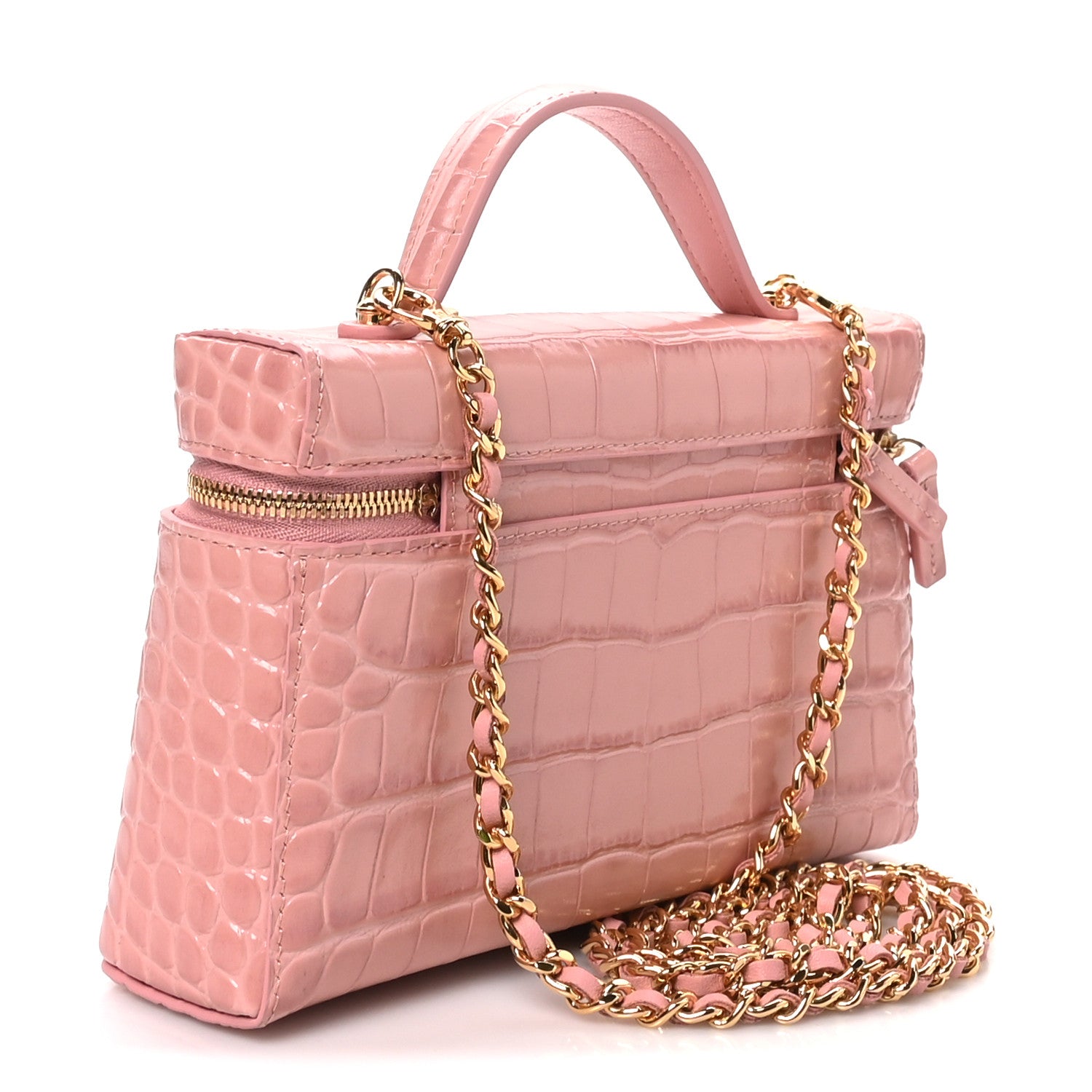 Chanel Calfskin Crocodile Embossed Top Handle Vanity Case With Chain Pink 3 of 11