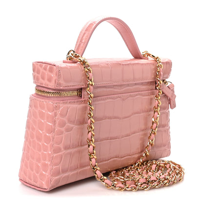 Chanel Calfskin Crocodile Embossed Top Handle Vanity Case With Chain Pink 3 of 11