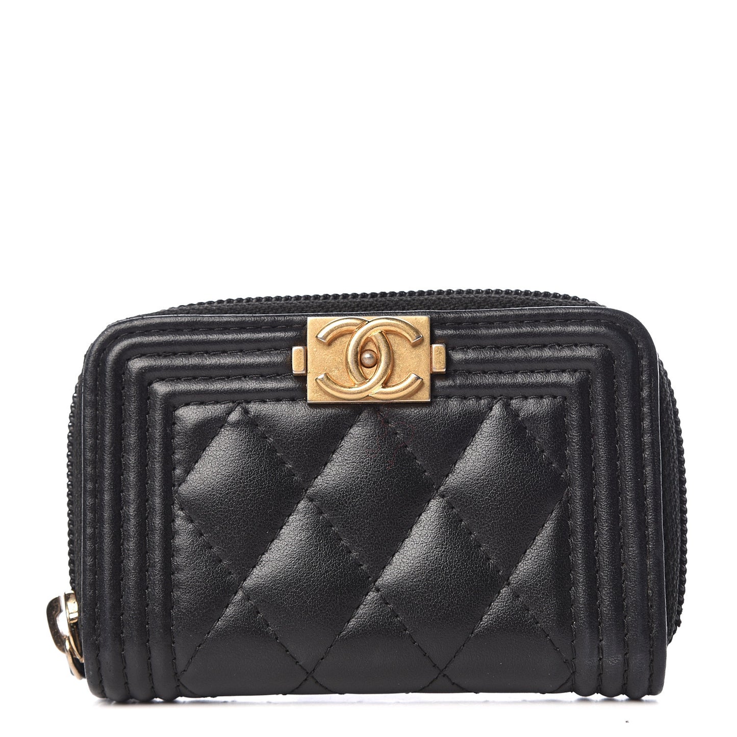Lambskin Quilted Zip Around Boy Coin Purse Wallet Black