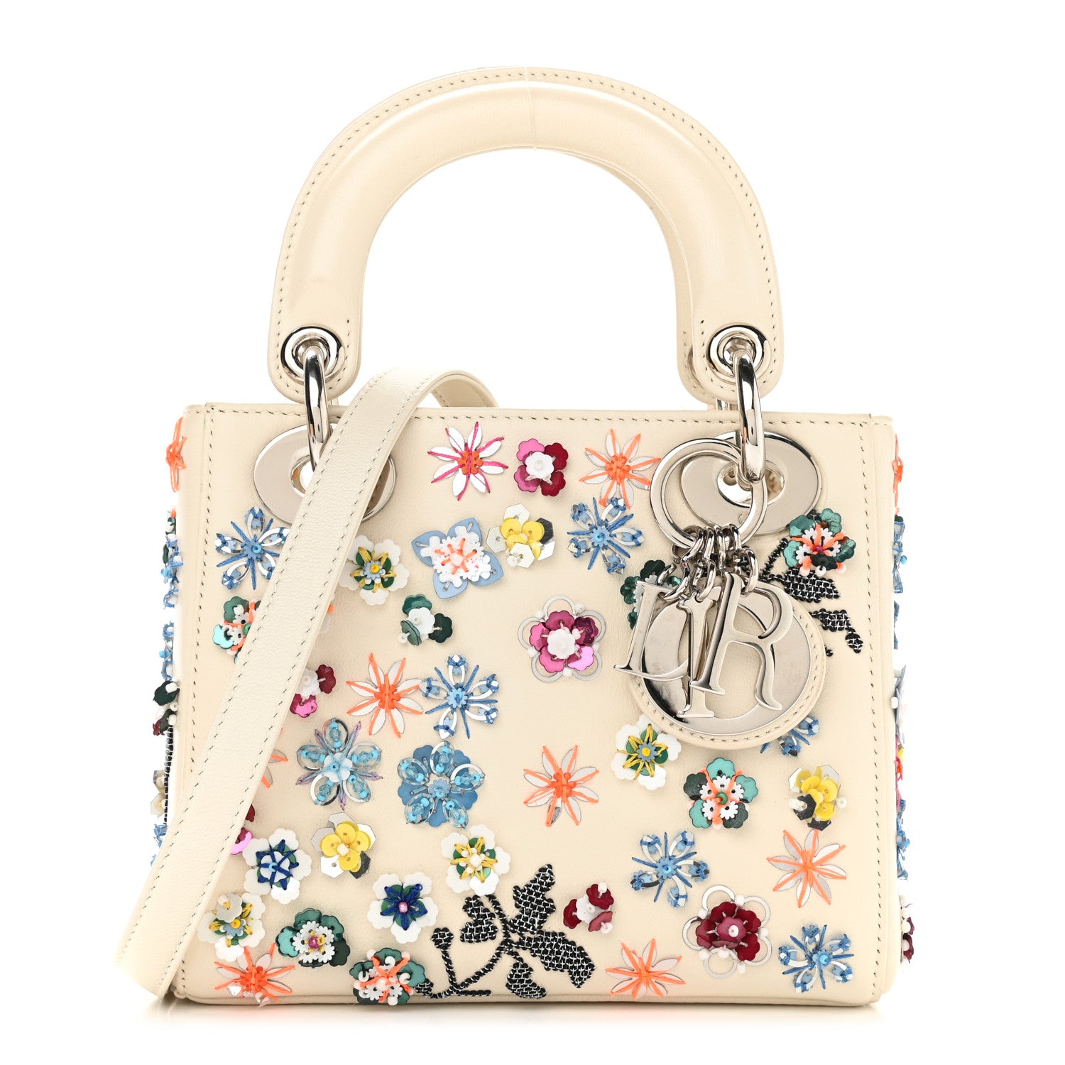 Christian Dior Calfskin Sequin Floral Embroidered Mini Lady Dior White Multicolor 1 of 9