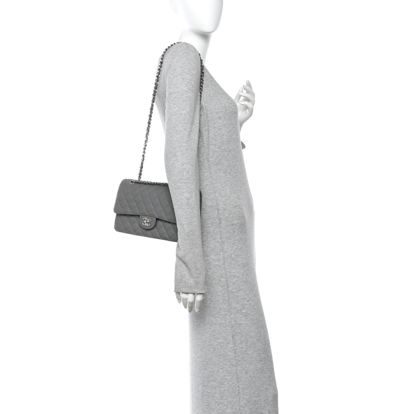 Caviar Quilted Medium Double Flap Grey