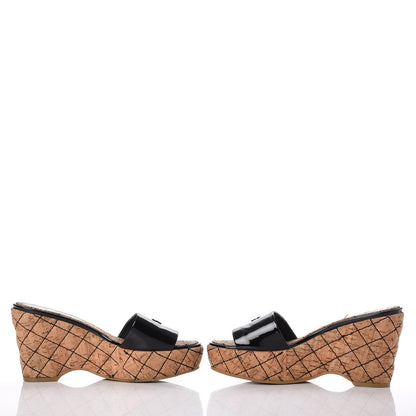 Chanel Patent Cork Quilted CC Wedge Mule Sandals 38 Black 6 of 21