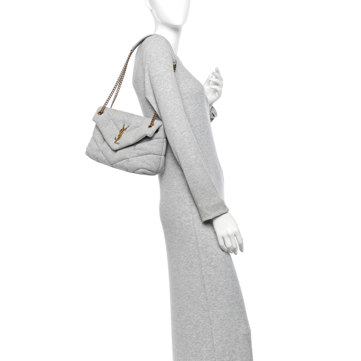 Saint Laurent Jersey Quilted Small Loulou Puffer Monogram Chain Satchel Grey Cloud 2 of 10