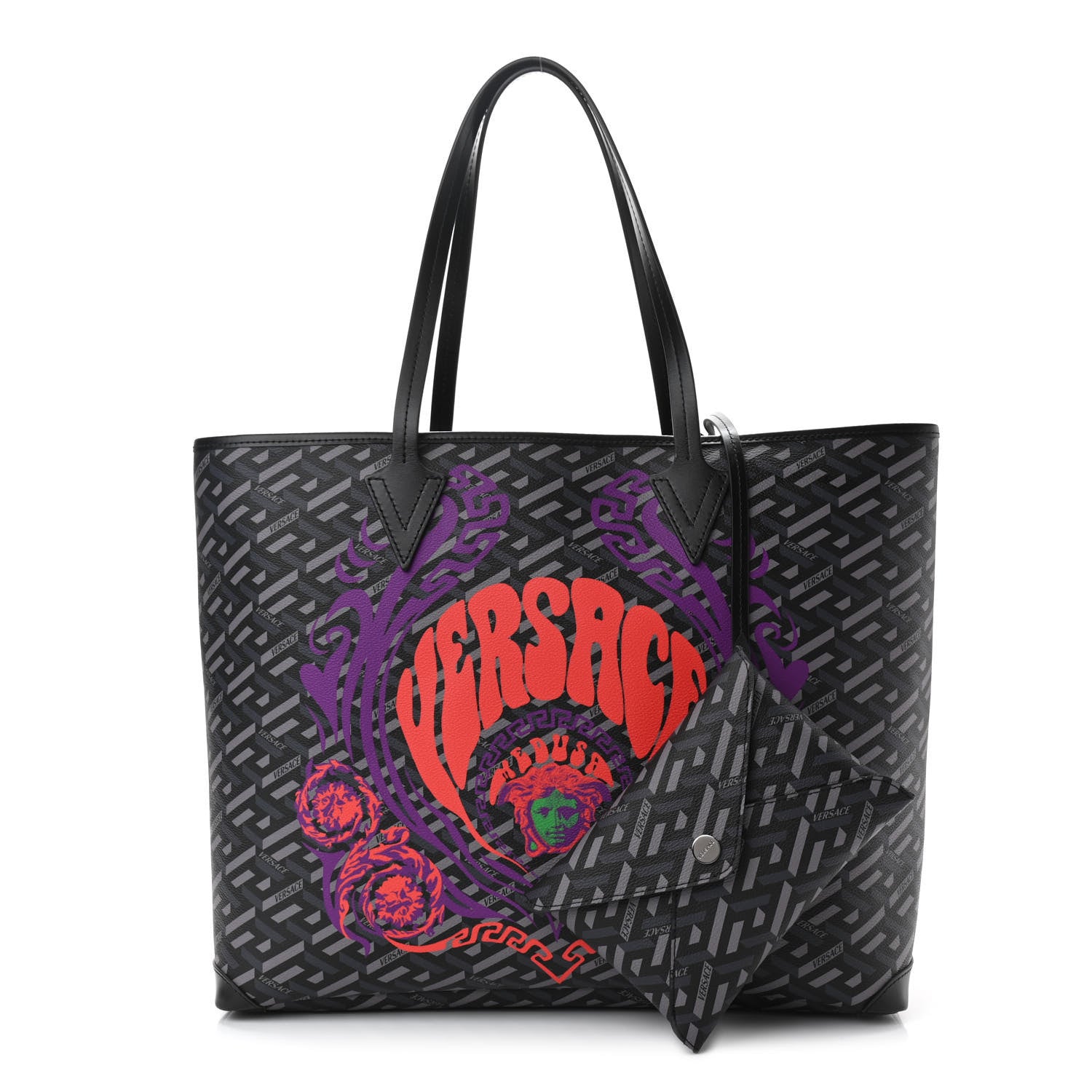 Versace Coated Canvas Calfskin La Greca Medusa Music Signature Shopper Tote Bag Black Grey 1 of 9