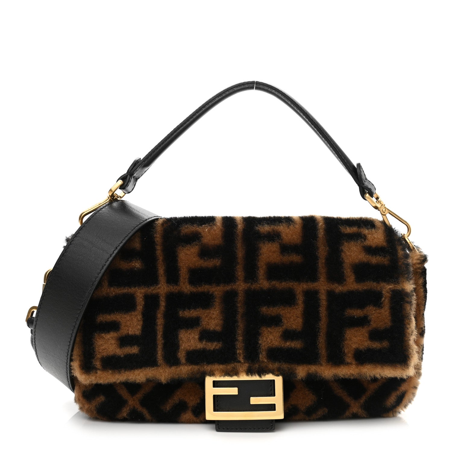 Fendi Shearling Vitello Dolce Macro FF 1974 Baguette Tobacco Black 1 of 11