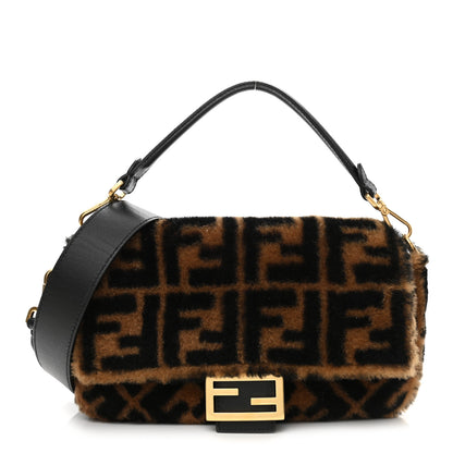 Fendi Shearling Vitello Dolce Macro FF 1974 Baguette Tobacco Black 1 of 11