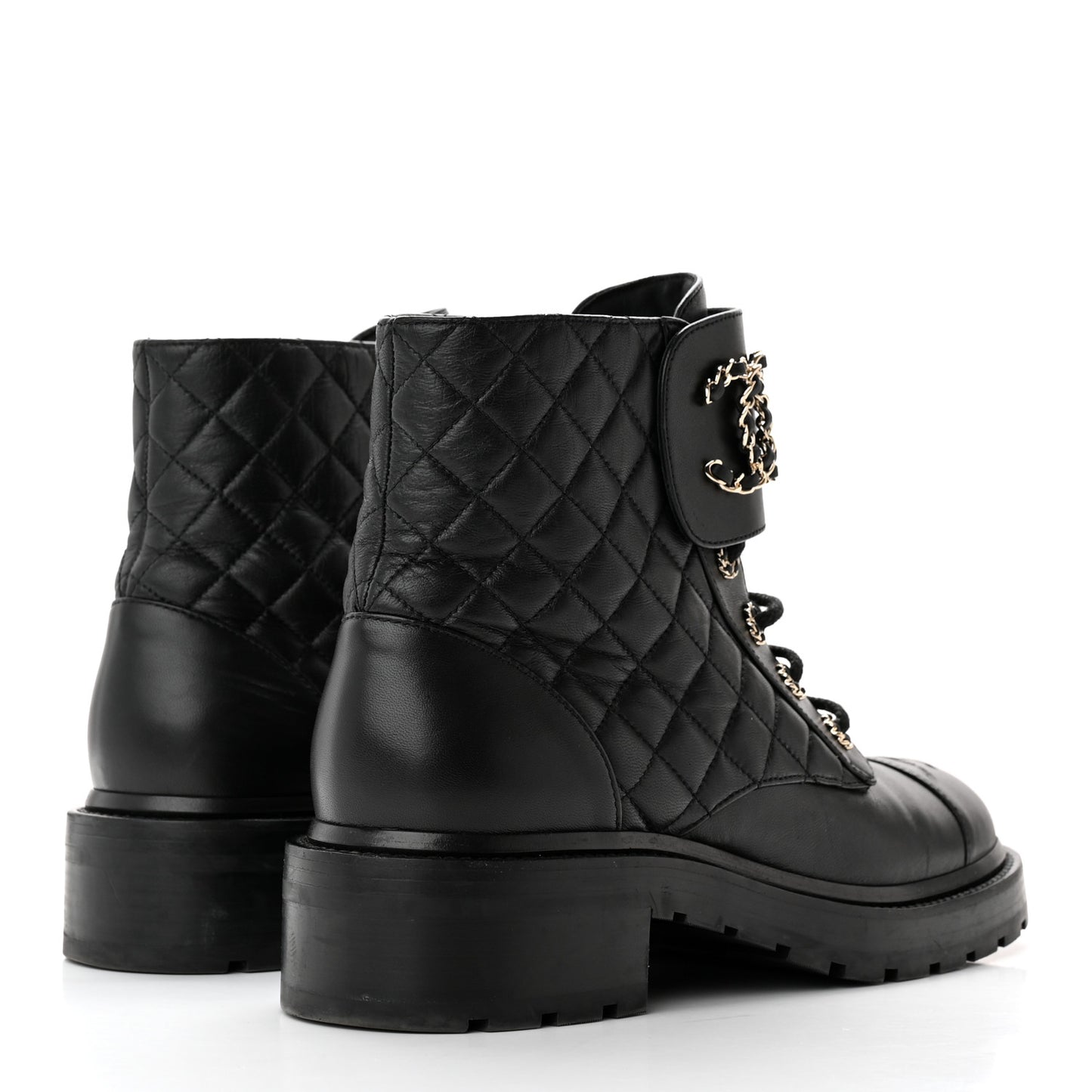 Shiny Lambskin Quilted Lace Up Combat Boots 40.5 Black
