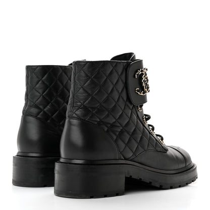 Chanel Shiny Lambskin Quilted Lace Up Combat Boots 40.5 Black 4 of 14