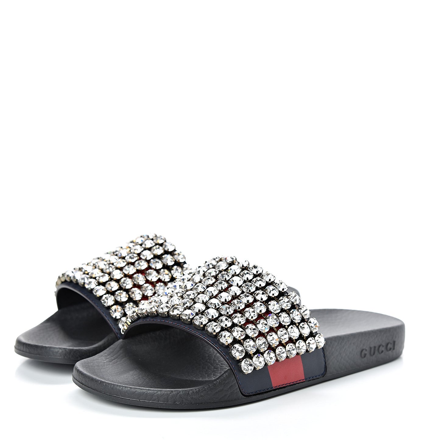 Calfskin Crystal Embellished Web Slide Sandals 37 Blue Red