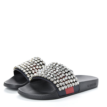 Gucci Calfskin Crystal Embellished Web Slide Sandals 37 Blue Red 3 of 8